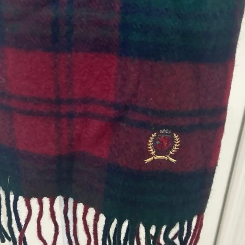 Vtg 90s Tommy Hilfiger Wool Scotland Tartan Plaid Scarf Old Money Preppy Crest